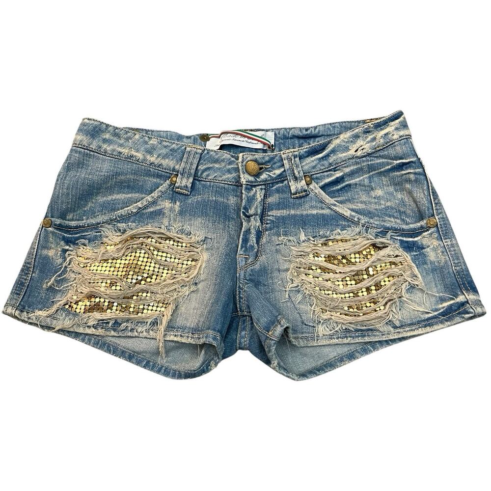 Met Jeans Chainmail Embellished Denim Shorts 29 Low Rise Festival Disco Clubwear